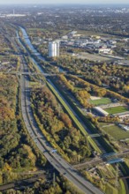Aerial view, gasometer renovation, covered gasometer, Rhine-Herne Canal, river Emscher,