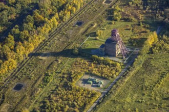 Aerial view, historic colliery winding tower shaft 1 Sterkrade colliery, Schwarze Heide,