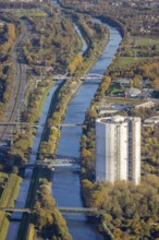 Aerial view, gasometer renovation, covered gasometer, Rhine-Herne Canal, river Emscher,