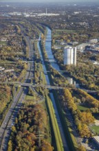 Aerial view, gasometer renovation, covered gasometer, Rhine-Herne Canal, river Emscher,