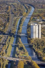 Aerial view, gasometer renovation, covered gasometer, Rhine-Herne Canal, river Emscher,
