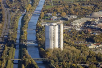 Aerial view, gasometer renovation, covered gasometer, Rhine-Herne Canal, river Emscher,