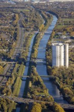 Aerial view, gasometer renovation, covered gasometer, Rhine-Herne Canal, river Emscher,