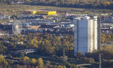 Aerial view, gasometer renovation, covered gasometer, CentrO Ferris wheel, Neue Mitte, Buschhausen,