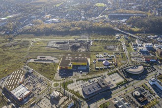 Aerial view, Neue Mitte, CentrO site, construction site, Hornbach Baumarkt, Poco Einrichtungsmarkt,