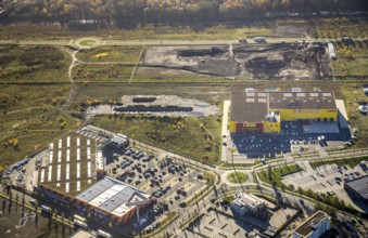 Aerial view, Neue Mitte, CentrO area, construction site Brammenring, Hornbach Baumarkt, Poco