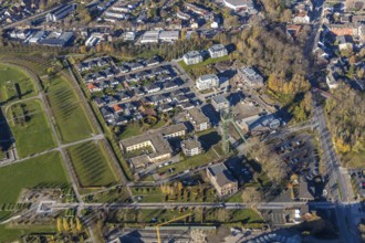 Aerial photo, winding tower Osterfeld colliery, new building, residential complex for senior