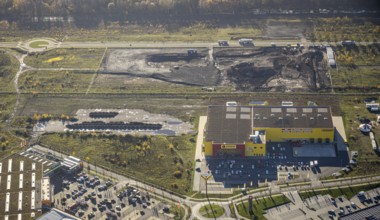 Aerial view, Neue Mitte, CentrO area, construction site Brammenring, Hornbach Baumarkt, Poco