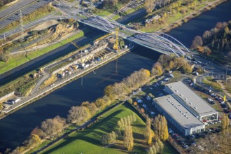 Aerial view, construction site between Rhine-Herne-Canal and Emscher, bridge Osterfelder Straße,