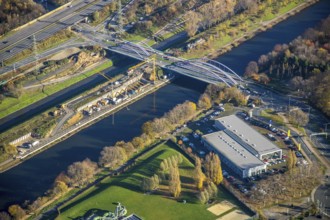 Aerial view, construction site between Rhine-Herne-Canal and Emscher, bridge Osterfelder Straße,