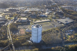 Aerial view, gasometer renovation measures, covered gasometer, König-Pilsener-ARENA, Buschhausen,