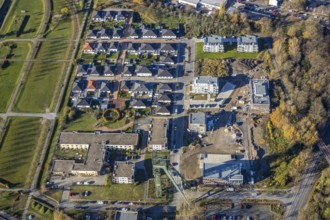 Aerial view, winding tower Osterfeld colliery, new building, residential complex for senior