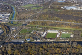 Aerial view, SC Rot-Weiß Oberhausen stadium, River Emscher, Rhine-Herne Canal, Buschhausen,