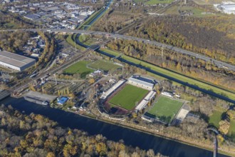 Aerial view, stadium SC Rot-Weiß Oberhausen, river Emscher, Rhine-Herne-Canal, Buschhausen,