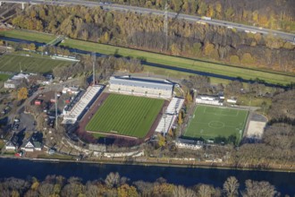 Aerial view, stadium SC Rot-Weiß Oberhausen, river Emscher, Rhine-Herne-Canal, Buschhausen,