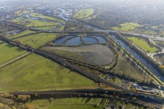 Aerial view, sewage sludge landfill at Styrumer Ruhrbogen, Ruhr meadows, river Ruhr, Mülheim an der