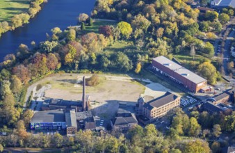 Aerial view, construction area former leather factory Lindgens am Kassenberg, Saarn, Mülheim an der