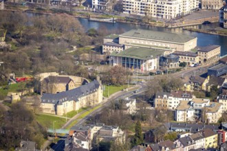 Aerial photo, castle Broich, town hall Mülheim, left Ruhr, Mülheim an der Ruhr, Ruhr area, North