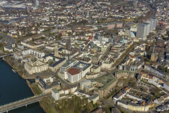 Aerial view, Ruhrbania in the city centre of Mülheim, Ruhr, bridge over the river Ruhe, Protestant