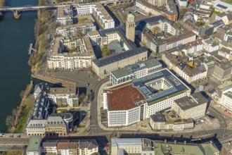 Aerial view, Ruhrbania in the city centre of Mülheim, Ruhr, Ruhr valley, town hall,