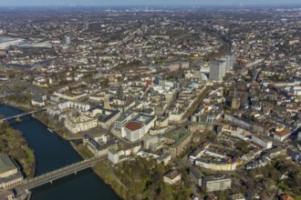 Aerial view, Ruhrbania in the city centre of Mülheim, Ruhr, bridge over the river Ruhe, Protestant
