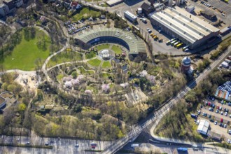 Aerial view, Park at Broich Castle, Alter Ringlokschuppen, cultural centre, playgrounds, Linksruhr,