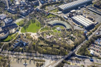 Aerial view, Park at Broich Castle, Alter Ringlokschuppen, cultural centre, playgrounds, Linksruhr,