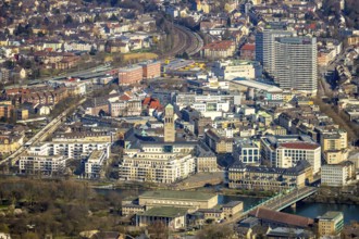 Aerial view, Ruhrbania in the city centre of Mülheim, Ruhr, Ruhr valley, town hall,