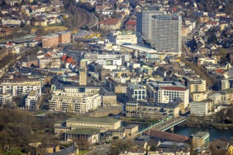 Aerial view, Ruhrbania in the city centre of Mülheim, Ruhr, Ruhr valley, town hall,
