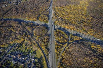 Aerial view, motorway junction Oberhausen, motorway A3, federal road B516, forest area in autumn