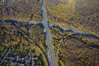 Aerial view, motorway junction Oberhausen, motorway A3, federal road B516, forest area in autumn