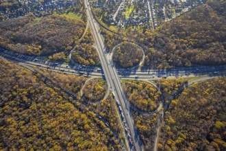 Aerial view, motorway junction Oberhausen, motorway A3, federal road B516, forest area in autumn