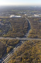 Aerial view, motorway junction Oberhausen, motorway A3, federal road B516, forest area in autumn