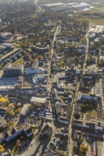 Aerial view, catholic church St. Clemens, Großer Markt, market stalls, construction project