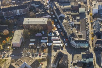 Aerial view, catholic church St. Clemens, big market, market stalls, Sterkrade Mitte, Oberhausen,