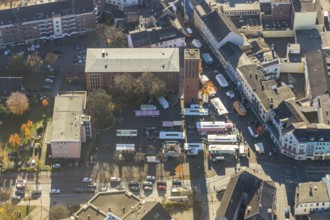 Aerial view, catholic church St. Clemens, big market, market stalls, Sterkrade Mitte, Oberhausen,