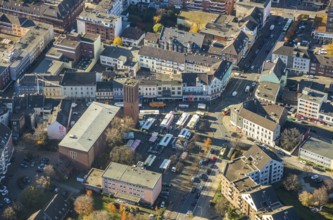 Aerial view, catholic church St. Clemens, Grosser Markt, market stalls, Sterkrade Mitte,