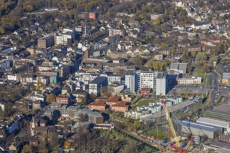 Aerial view, catholic church St. Clemens, Großer Markt, market stalls, construction project