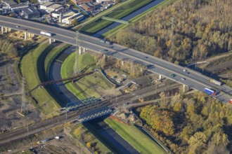 Aerial view, motorwayA42, river Emscher, railway bridge, Buschhausen, Oberhausen, Ruhr area, North