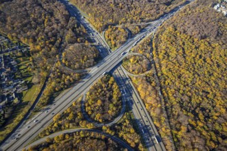Aerial view, motorway junction Oberhausen, motorway A3, federal road B516, forest area in autumn