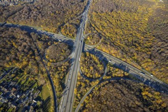 Aerial view, motorway junction Oberhausen, motorway A3, federal road B516, forest area in autumn