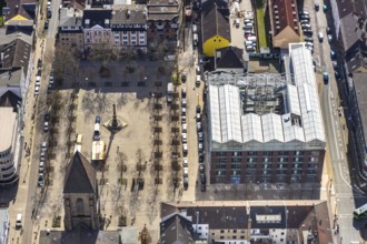 Aerial view, Altmarkt, job centre with roof greenhouse, victory column, Oberhausen, Ruhr area,