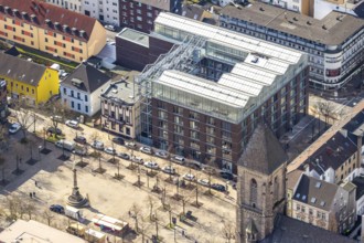Aerial view, Altmarkt, job centre with roof greenhouse, victory column, Oberhausen, Ruhr area,