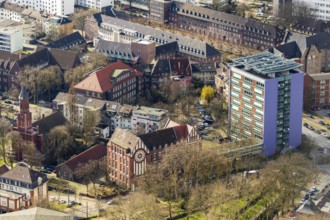 Aerial view, Hans-Böckler-Berufskolleg high-rise building, Adolf-Feld-Schule, evang. Christuskirche