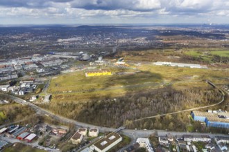 Aerial view, Centro shopping centre, new building POCO Einrichtungsmarkt, Neue Mitte, steelworks