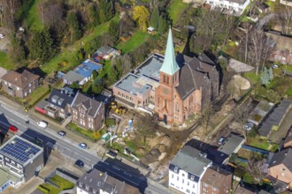 Aerial view, Evang. Auferstehungskirche, construction site, new community centre, Osterfeld,