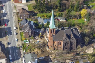 Aerial view, Evang. Auferstehungskirche, construction site, new community centre, Osterfeld,