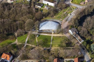 Aerial photograph, Industrial Archaeological Park St. Antony Hütte, covered excavation site,