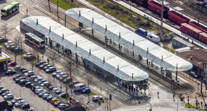Aerial view, Oberhausen-Sterkrade railway station, public transport, bus stop, bus stop canopy,