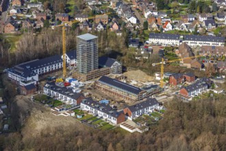 Aerial view, construction site residential area and commercial areas in Lebenspark Schacht IV, Zum